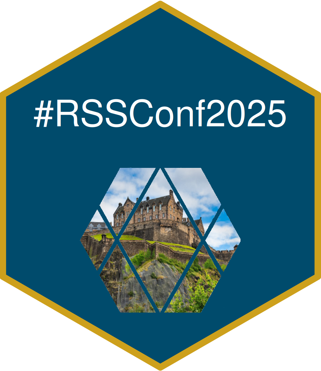 Example hex sticker showing the RSSConf2025 hashtag and and image of Edinburgh Castle