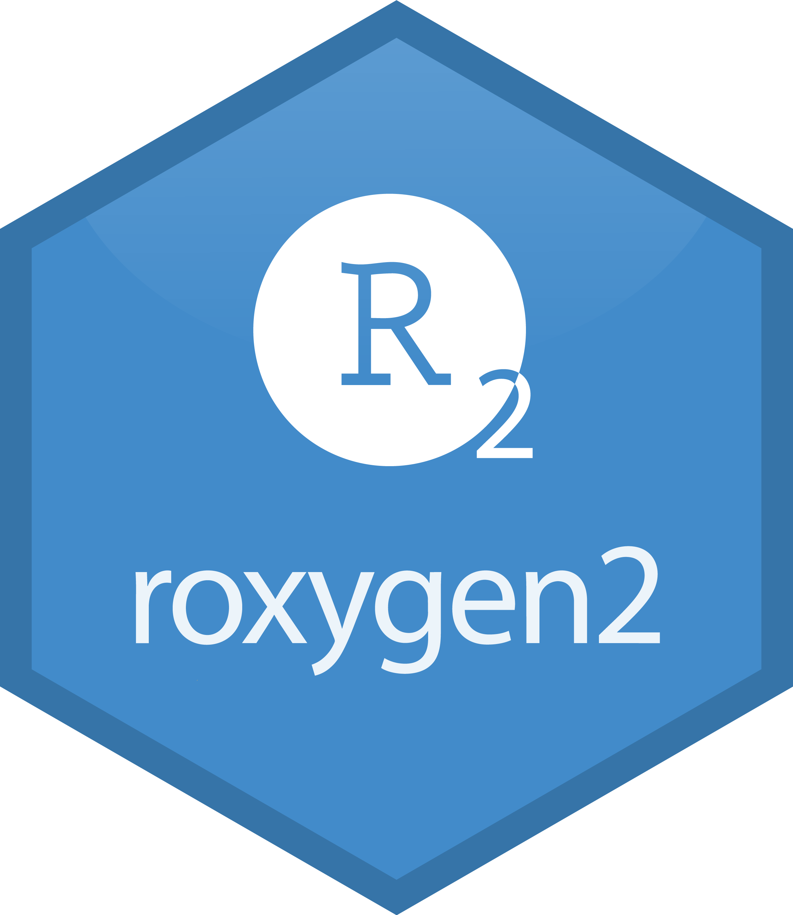 Hexsticker for roxygen2. it has the RStudio logo with a 2 in it.