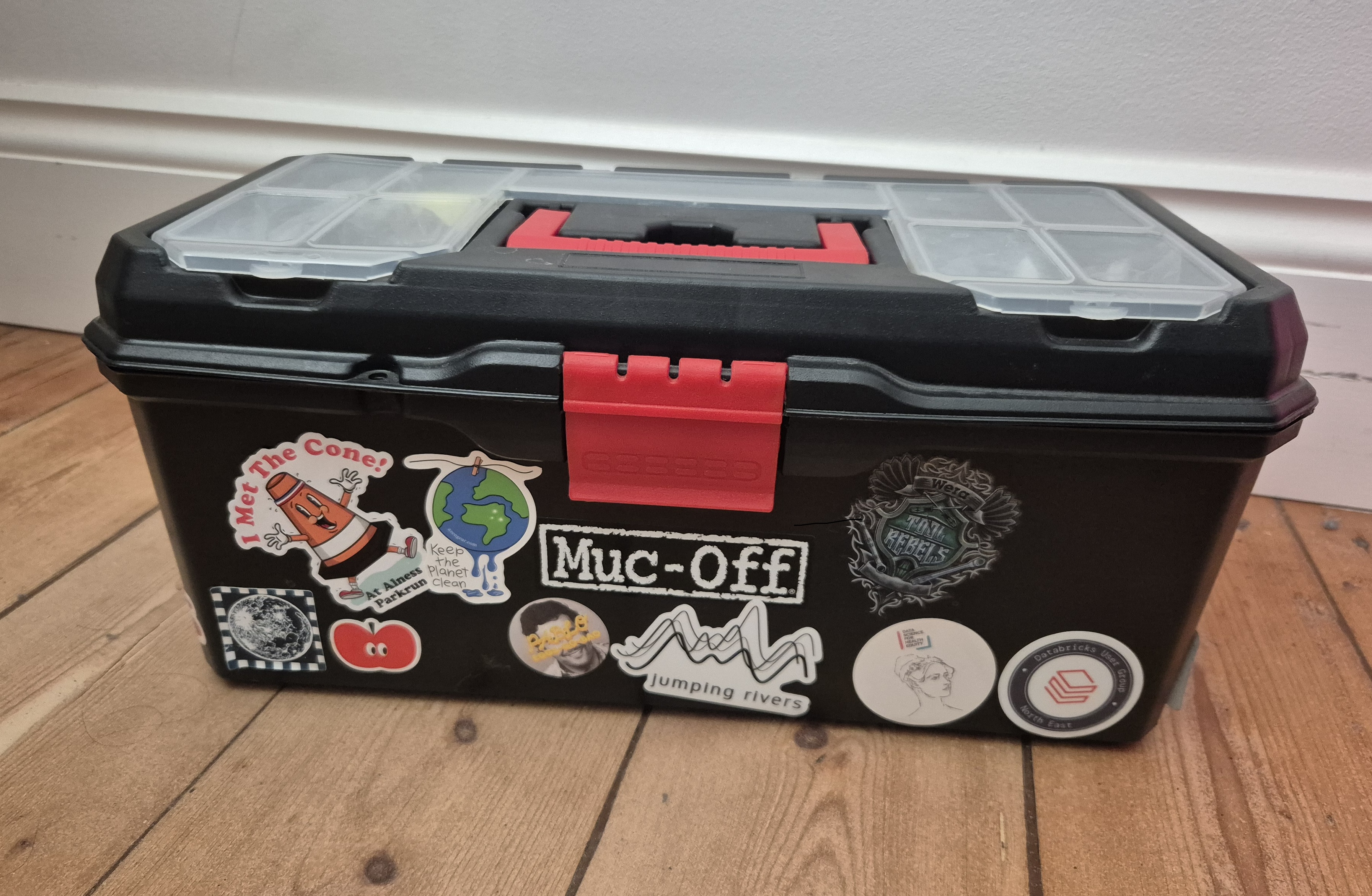 A toolbox with the lid locked in the closed position.