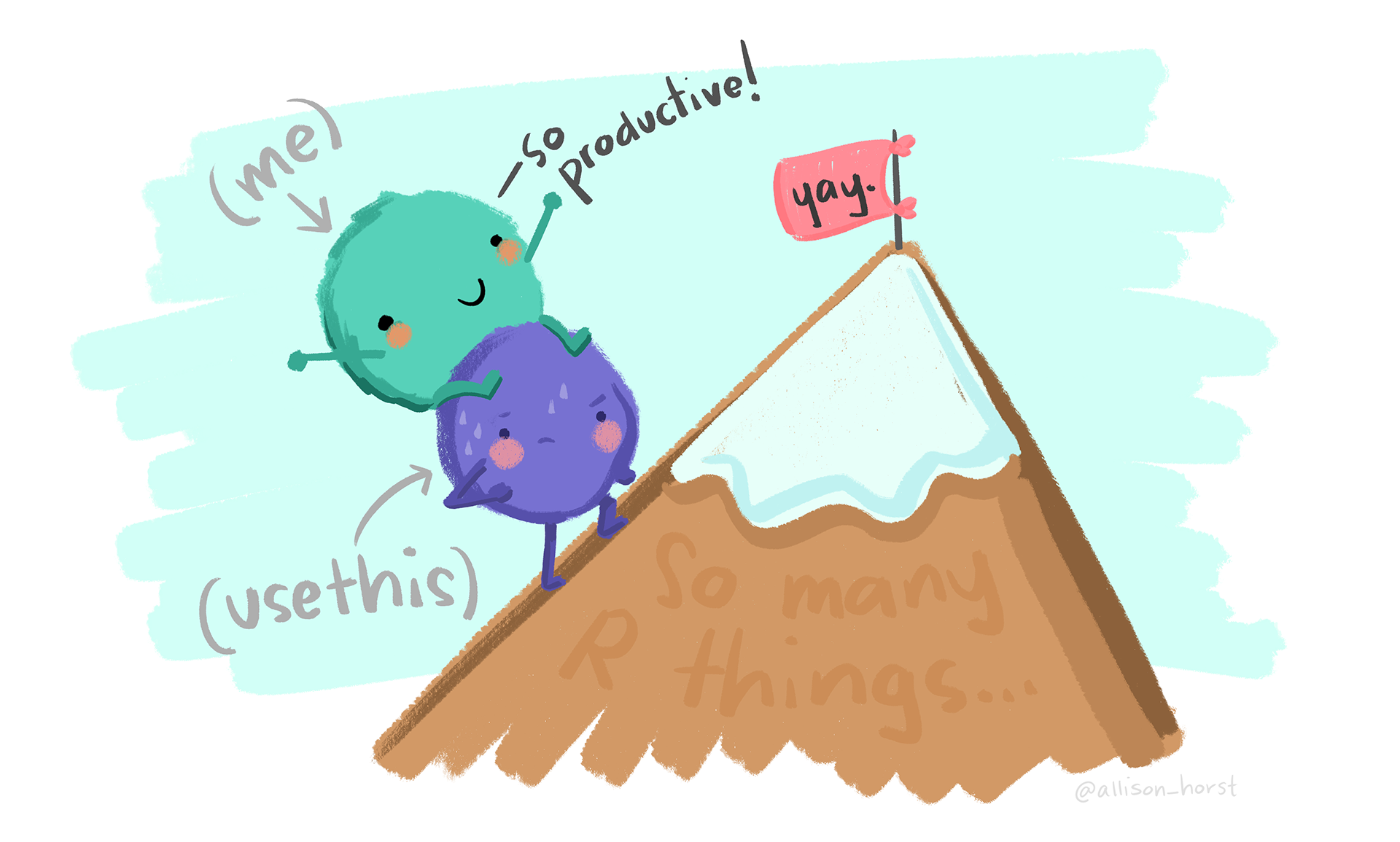 Cartoon of two fluffy creatures going up a hill. One (called usethis) is giving the other one (called me) a piggyback.