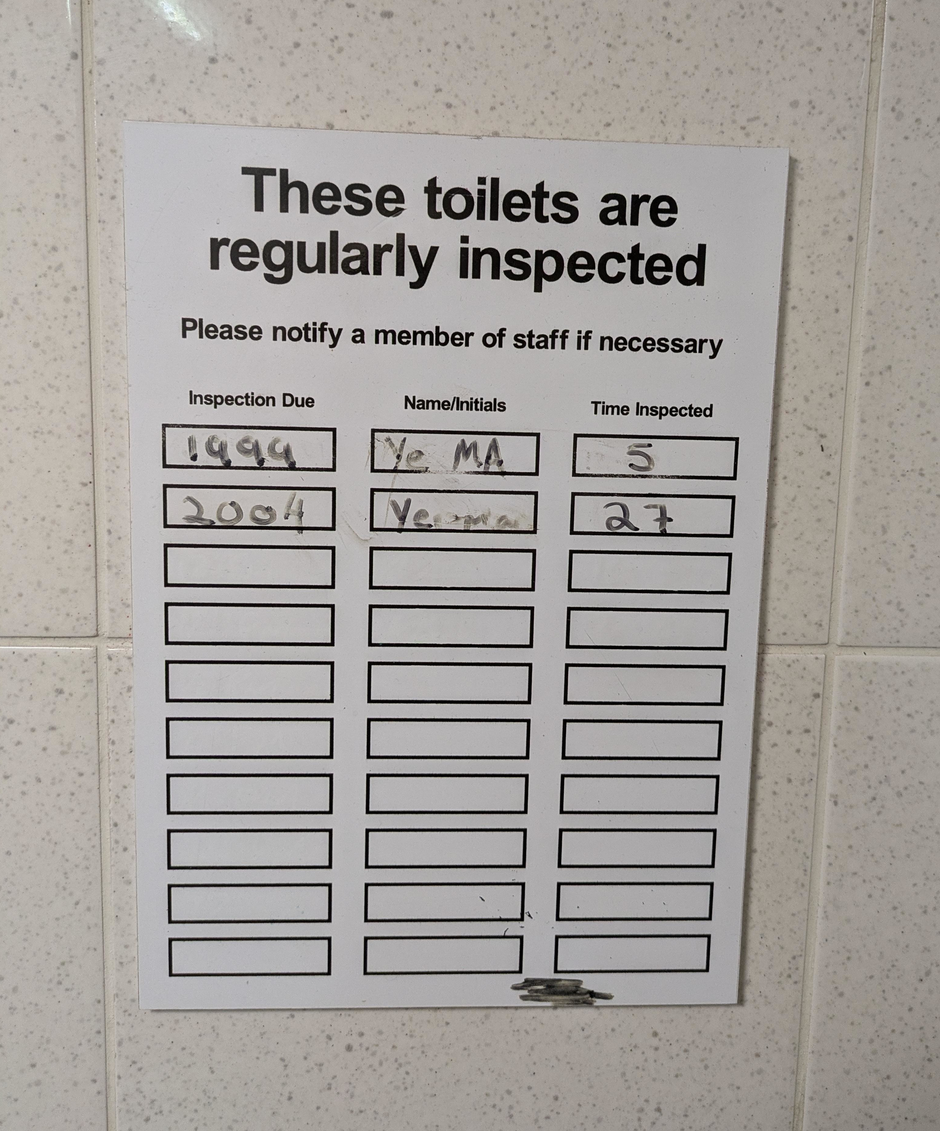 A toilet inspection sign. Listing when inspections are planned, when they were completed, and by whom. This one only has two inspections due, 1999 and 2004! The inspection was apparently completed by 'Ye Ma' (A classic your mum joke.)
