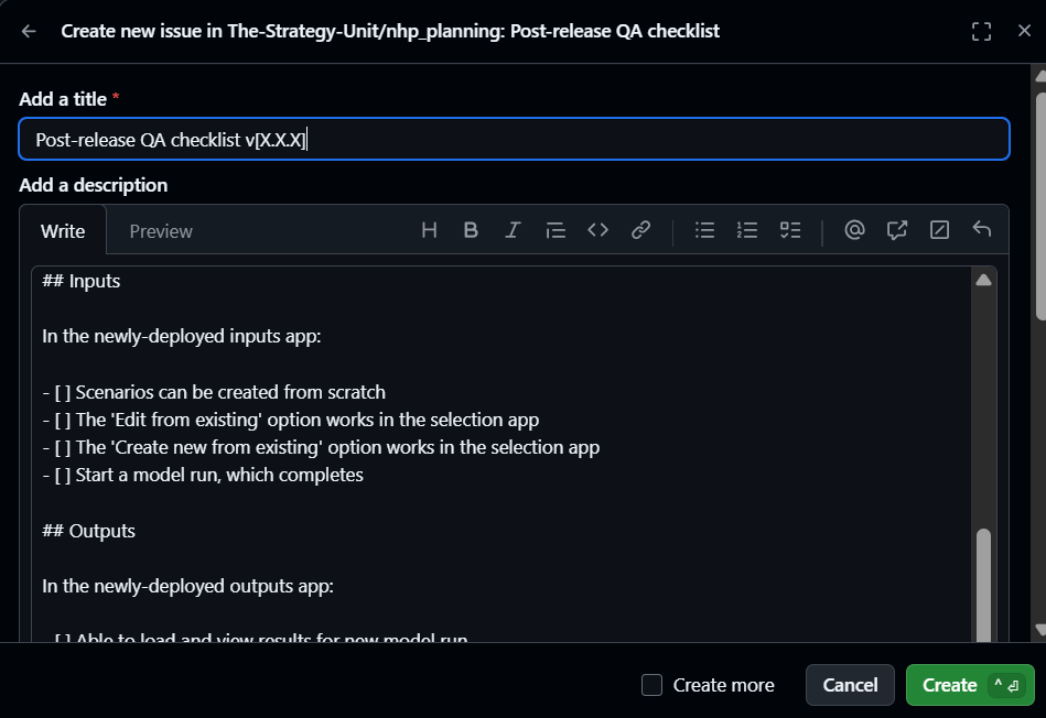 Screenshot of the GitHub issue template for post-release checks