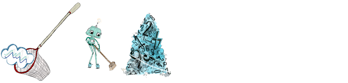 Cartoon of a net capturing a cloud and a robot sweeping up data