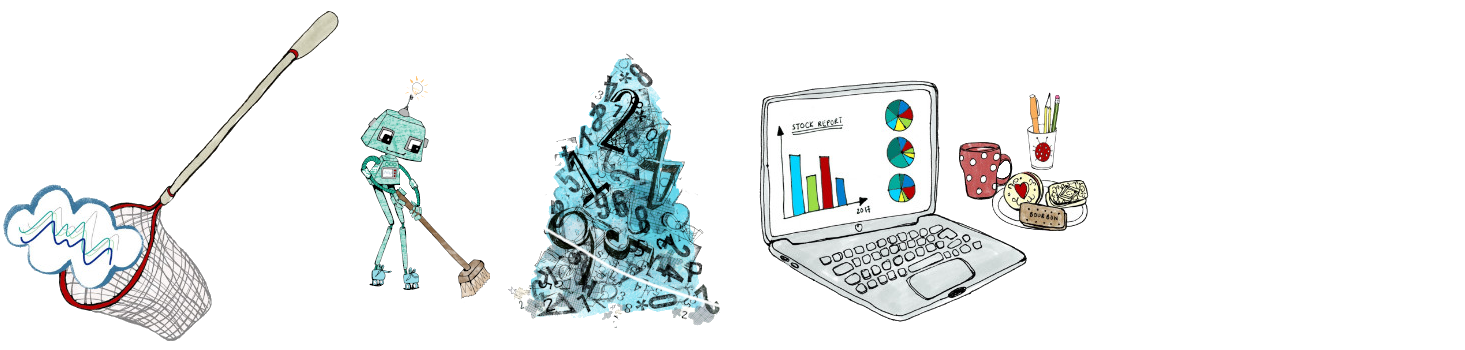 Cartoon of a net capturing a cloud, a robot sweeping up data and a computer with some dashboards