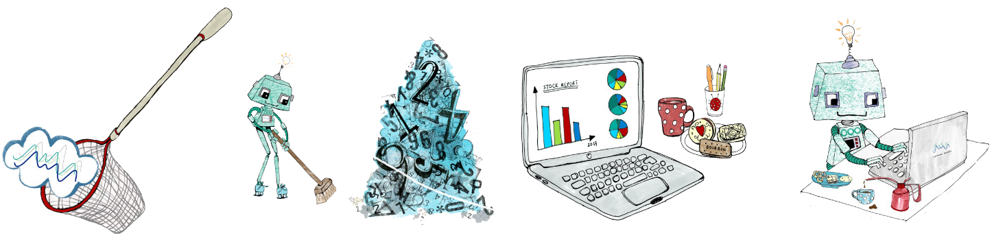 Cartoon of a net capturing a cloud, a robot sweeping up data, a computer with some dashboards and a robot at a laptop typing.